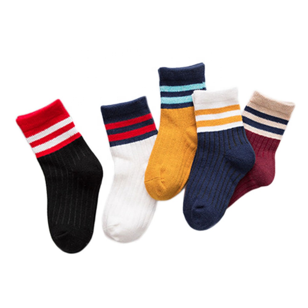Custom logo colored white all cotton two stripes children kids socks